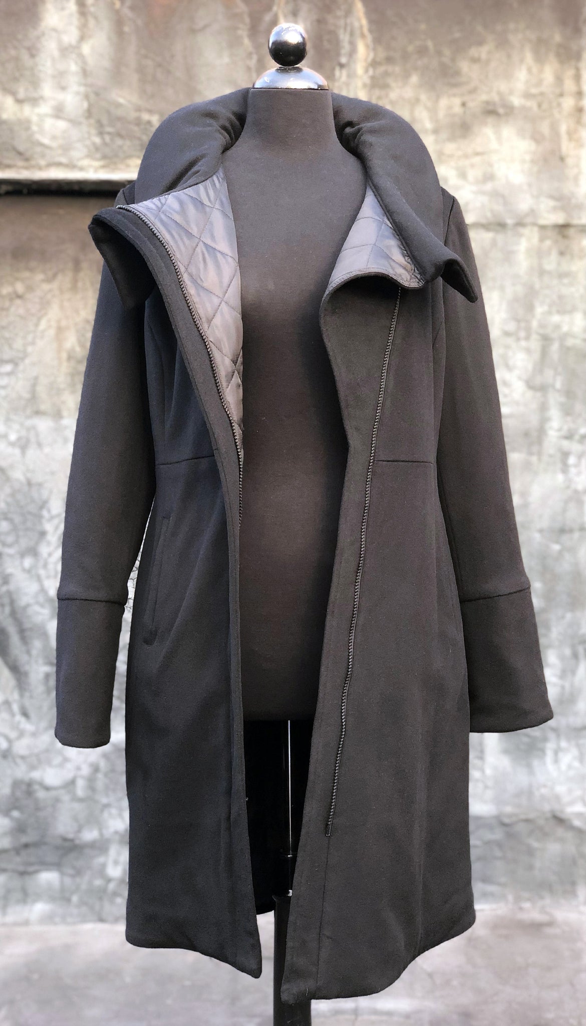 High Collar Thinsulated Zip Maxi Coat/ Black