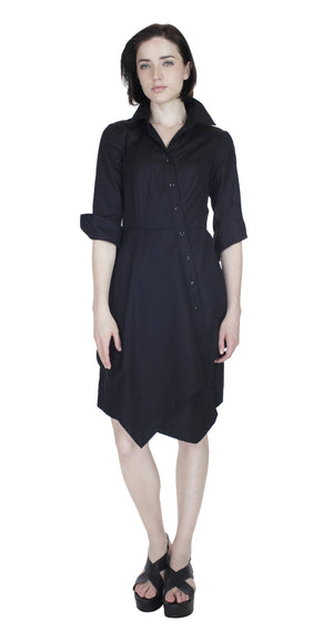 Asym Placket Double tier Shirtdress / Black