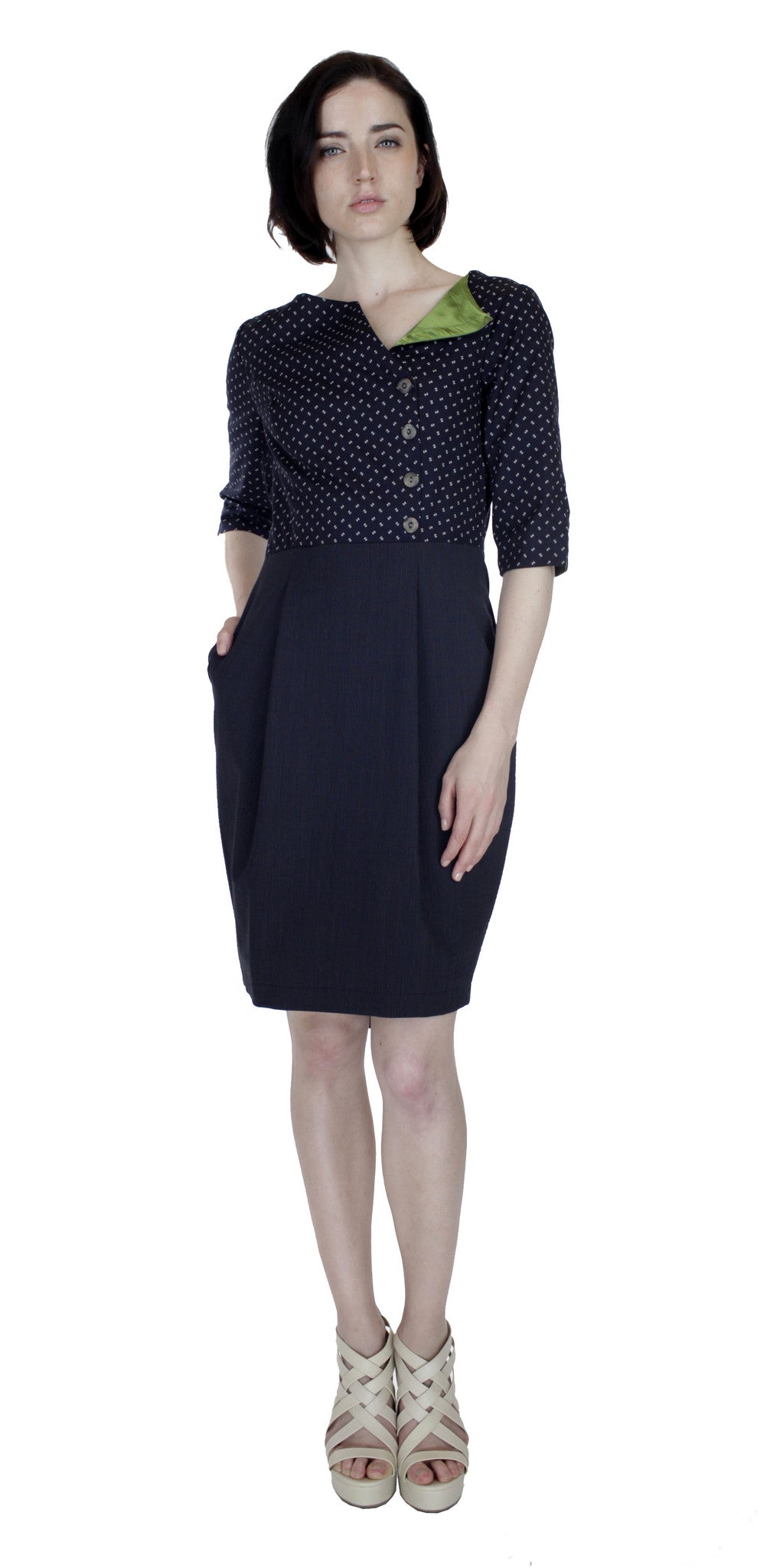 Boat Neck Asym Placket Colorblock Dress