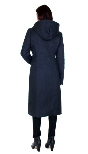 Hooded Mock Neck Zip Maxi Coat w/ Thinsulate Quilted Liner/ Charcoal Black Twill Wool Texture