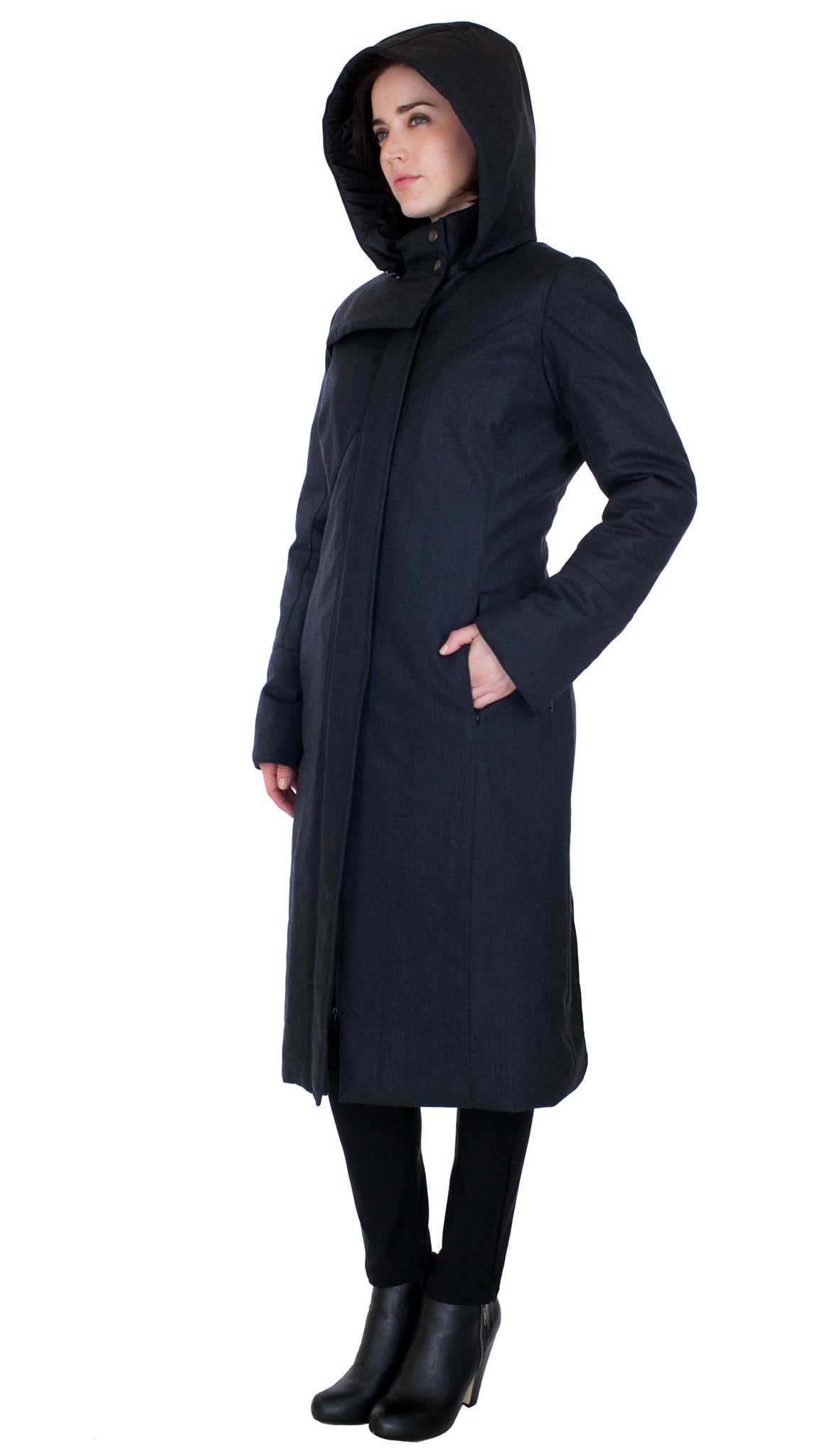 Hooded Mock Neck Zip Maxi Coat w/ Thinsulate Quilted Liner