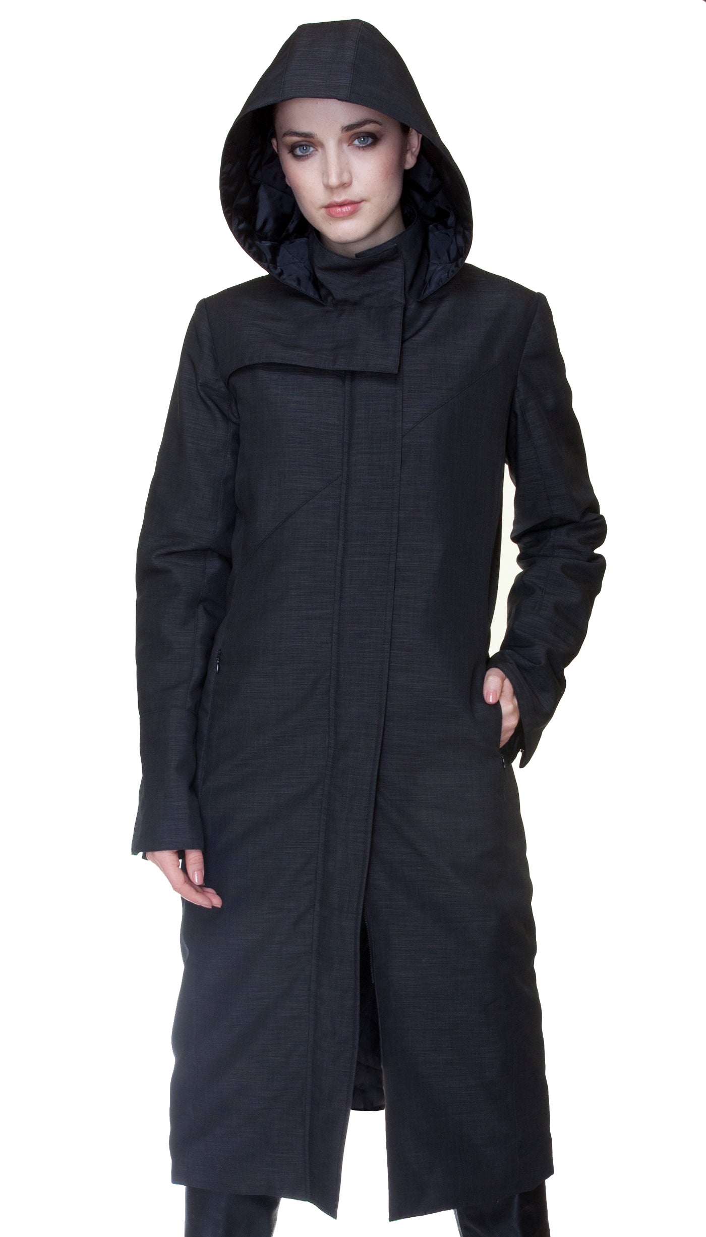 Hooded Mock Neck Zip Maxi Storm Coat w/ Thinsulate Quilted Liner *Nylon
