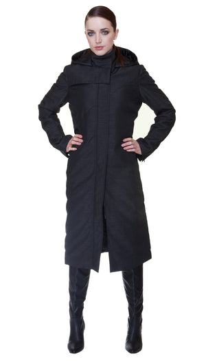 Hooded Mock Neck Zip Maxi Storm Coat w/ Thinsulate Quilted Liner *Nylon