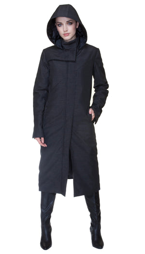 Hooded Mock Neck Zip Maxi Coat w/ Zip Off Hood and Thinsulate Quilted Liner /Nylon