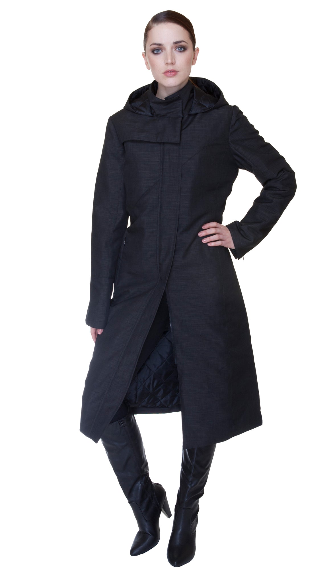 Hooded Mock Neck Zip Maxi Coat w/ Zip Off Hood and Thinsulate Quilted Liner /Nylon