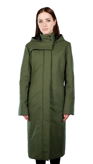 Hooded Mock Neck Zip Maxi Coat w/ Thinsulate Quilted Liner/ Olive Wool
