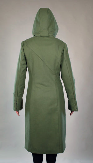 Hooded Mock Neck Zip Maxi Coat w/ Thinsulate Quilted Liner/ Olive Wool