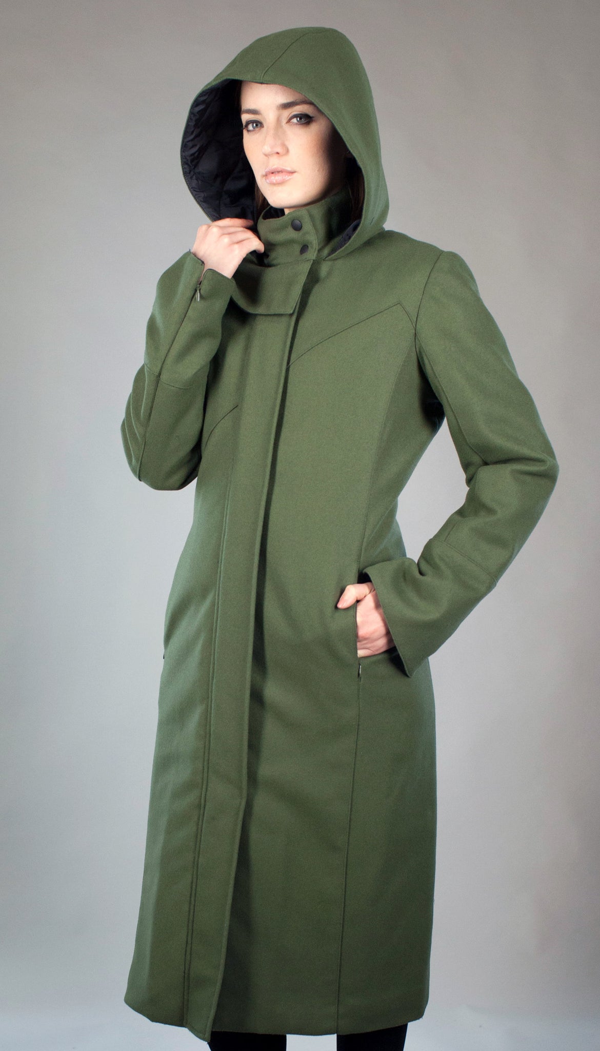 Hooded Mock Neck Zip Maxi Coat w/ Thinsulate Quilted Liner/ Olive