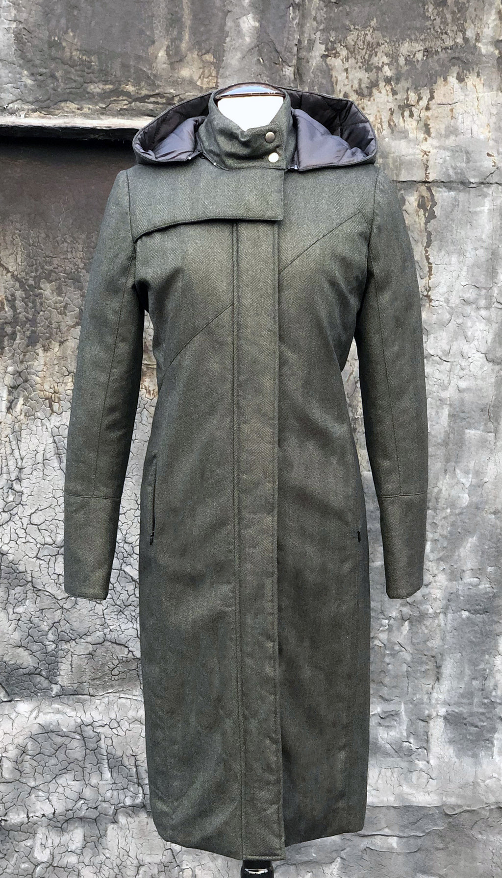 Hooded Mock Neck Zip Maxi Coat w/ Thinsulate Quilted Liner/ Green Wool Herringbone