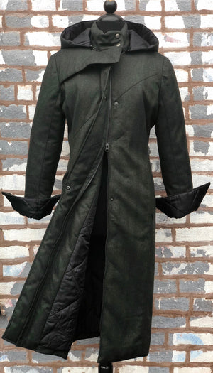 Hooded Mock Neck Zip Maxi Coat w/ Thinsulate Quilted Liner/ Green Wool Herringbone