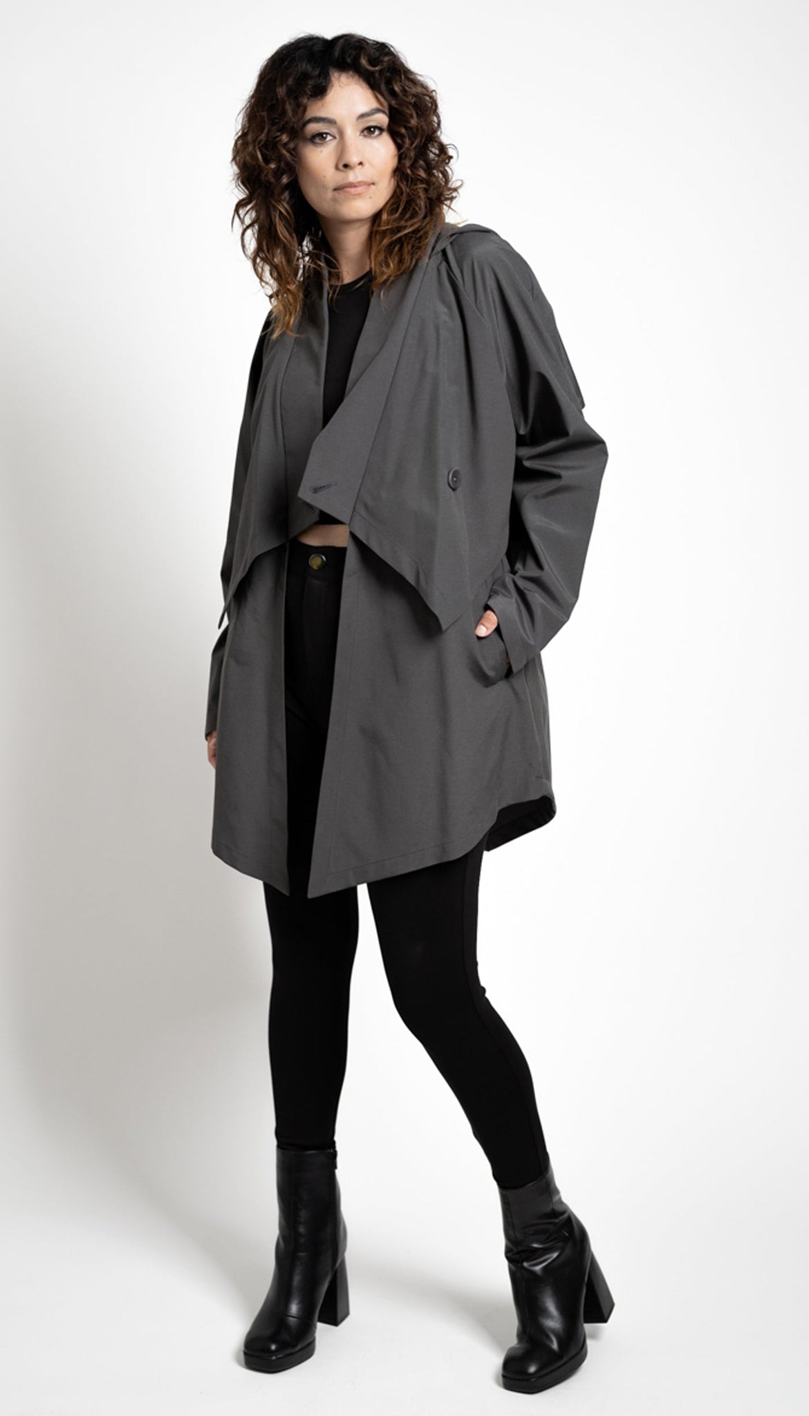 Convertible Hood Asymmetrical Rain Jacket / Grey