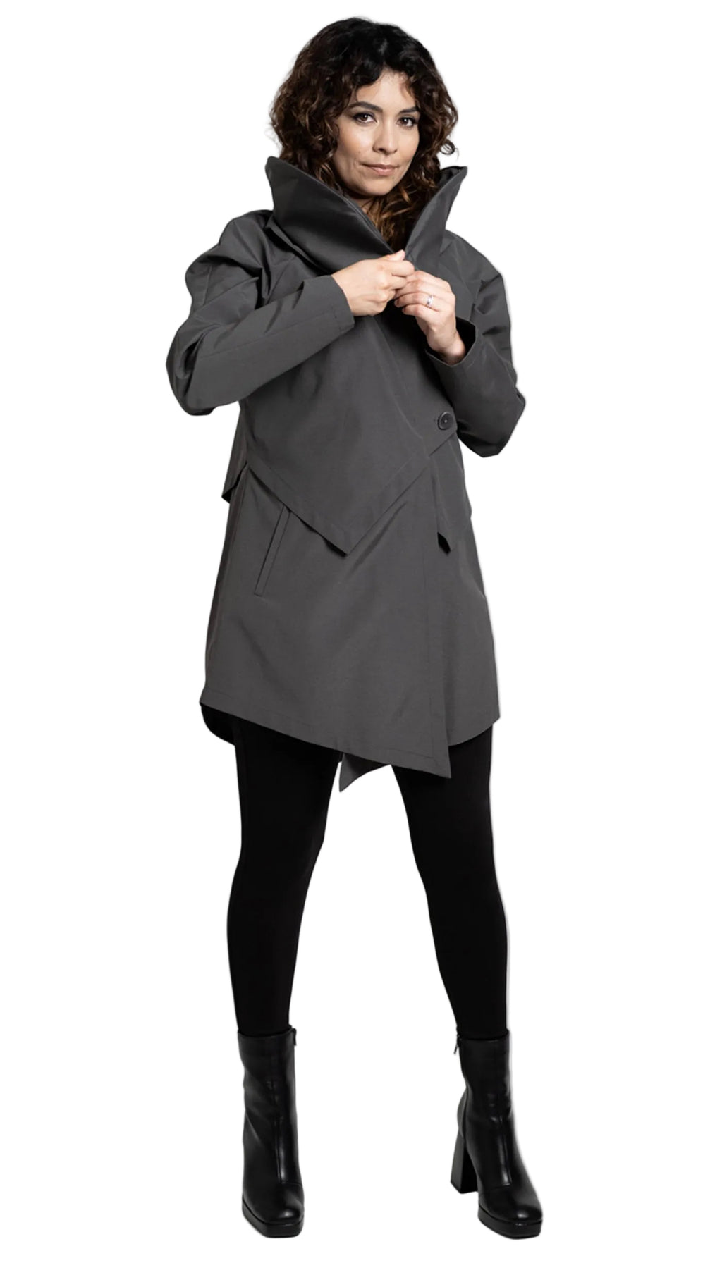 Convertible Hood Asymmetrical Rain Jacket / Grey