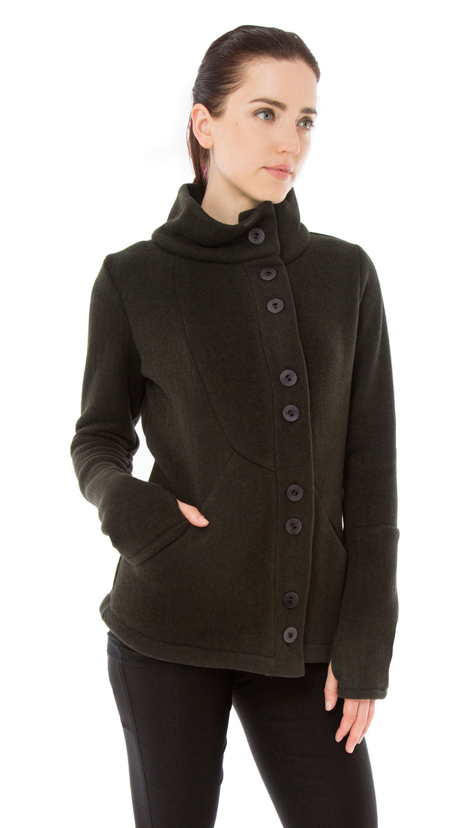 Double Collar Fleece Sweater Jacket /Ribbed Fleece/ Coal Black