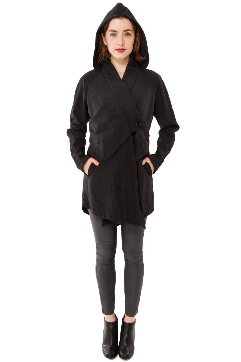 Convertible Hood Asymmetrical Rain Jacket/ Black