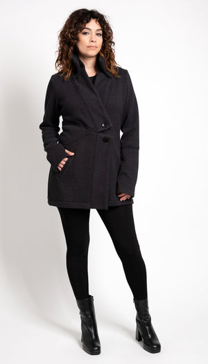 Double Collar Fleece Sweater Jacket /Ribbed Fleece/ Coal Black *Relaxed Fit